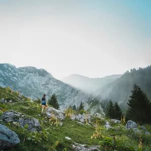 Trail runner in blue shorts jogging on a rocky mountain path with evergreen forests and misty peaks in the background.